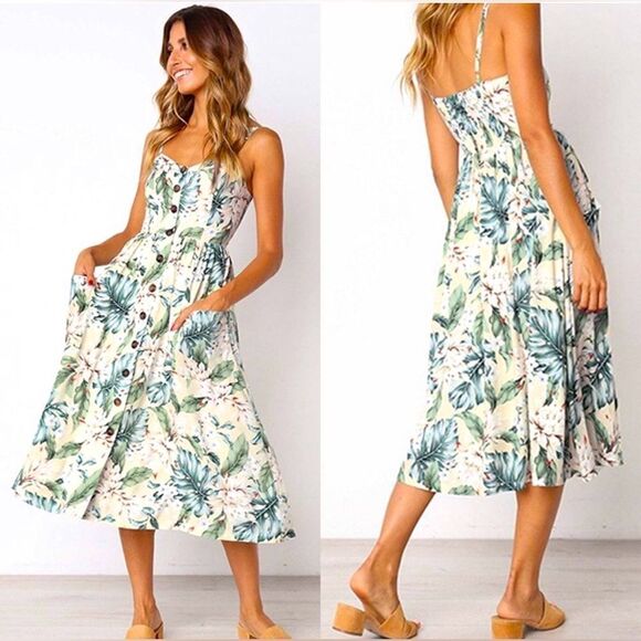 - 💕THE WOMANS RESORT DRESS IN YELLOW TROPICS FLORAL EASTER - Picture 1 of 6